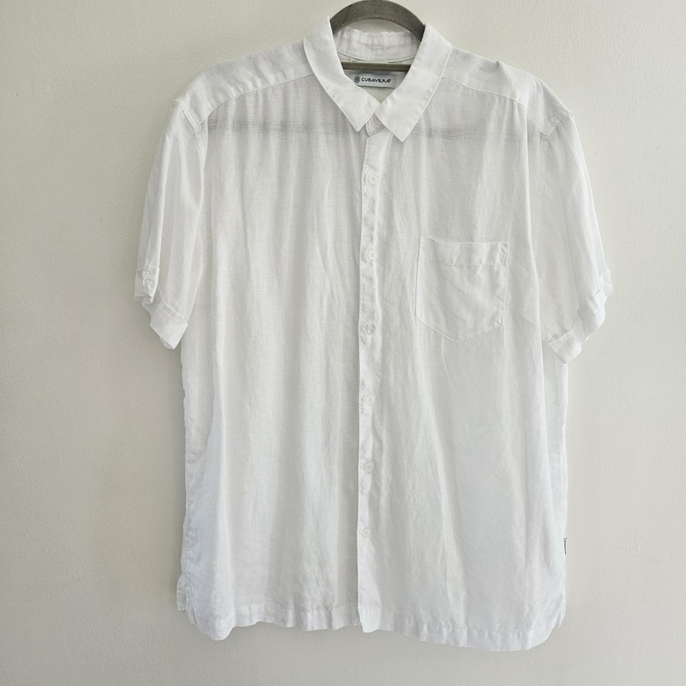 Cubavera White Linen Short Sleeve Button-Up Shirt Men L Roll Tab Summer Comfort